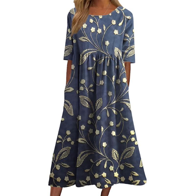 Margit | Stilfuld Floral Broderet Midi Kjole