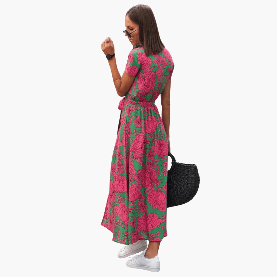 Pauline | Stilfuld Mellemlang Blomsterkjole med Bindebånd