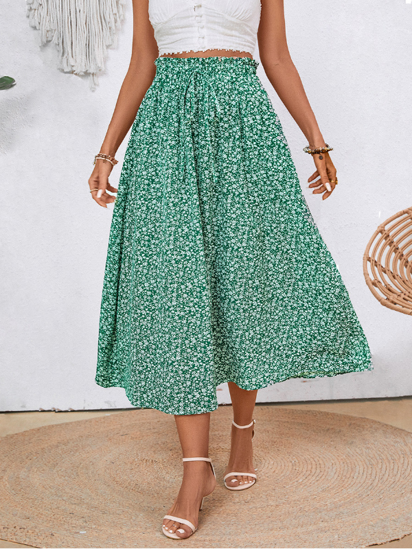 Luna™ | Grøn Midinederdel med Blomstermønster