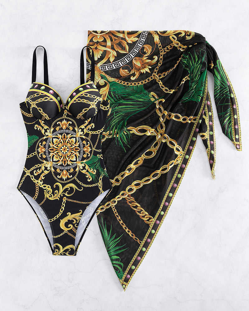 Darius - Push-up badedragt i ét stykke med dekorative kædedetaljer og strandnederdel