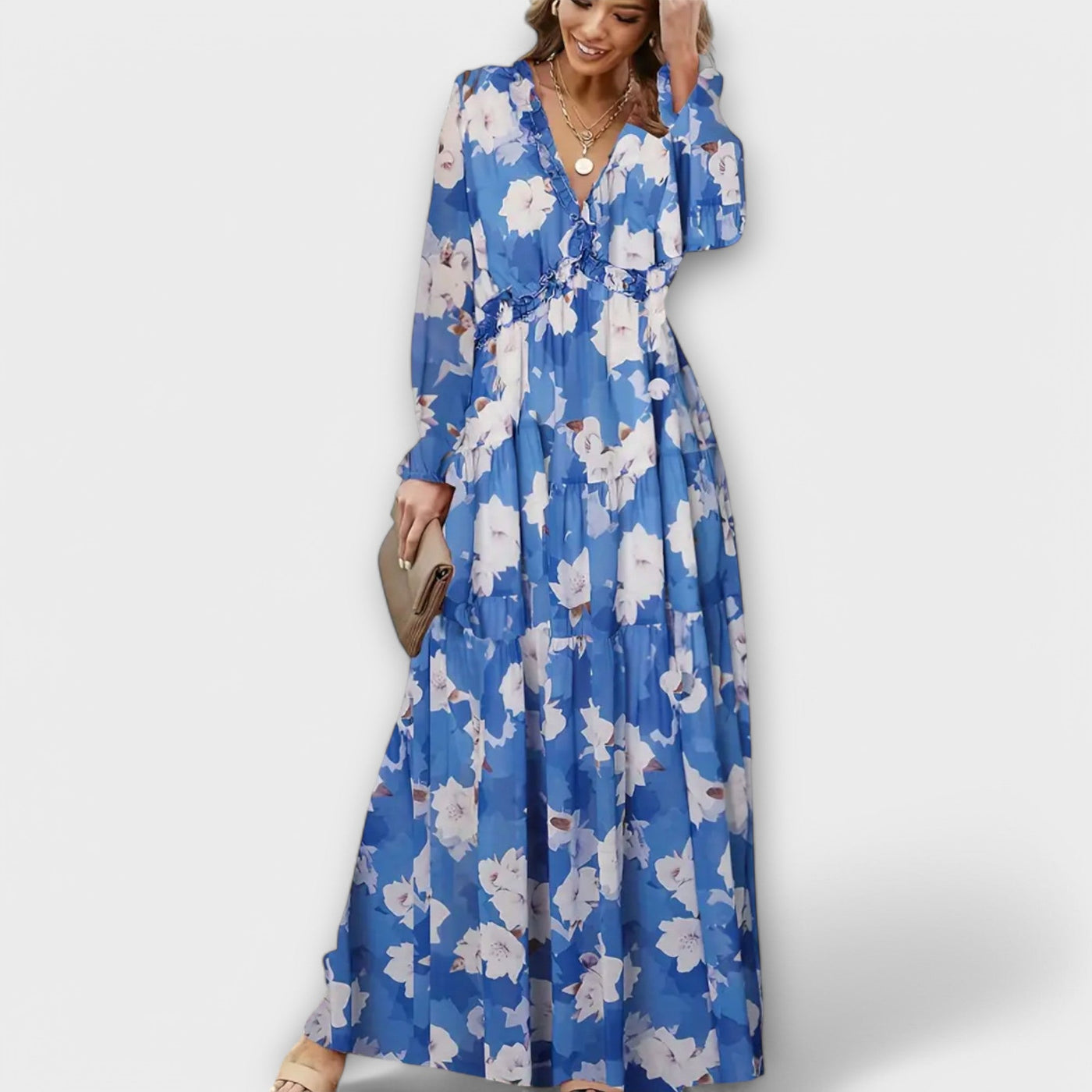 Elle | Blomster V-Hals Maxi Kjole