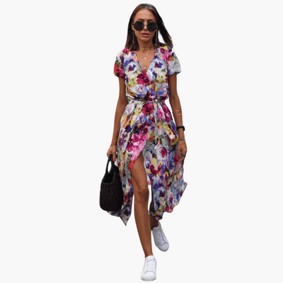 Pauline | Stilfuld Mellemlang Blomsterkjole med Bindebånd