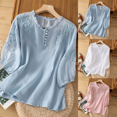 Vilma™ – Broderet bluse med knapper foran