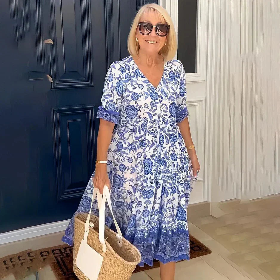 Maya™ | V-hals Kjole med Flæseærmer og Blomstermønster